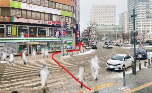 札幌駅北口前の横断歩道を進む