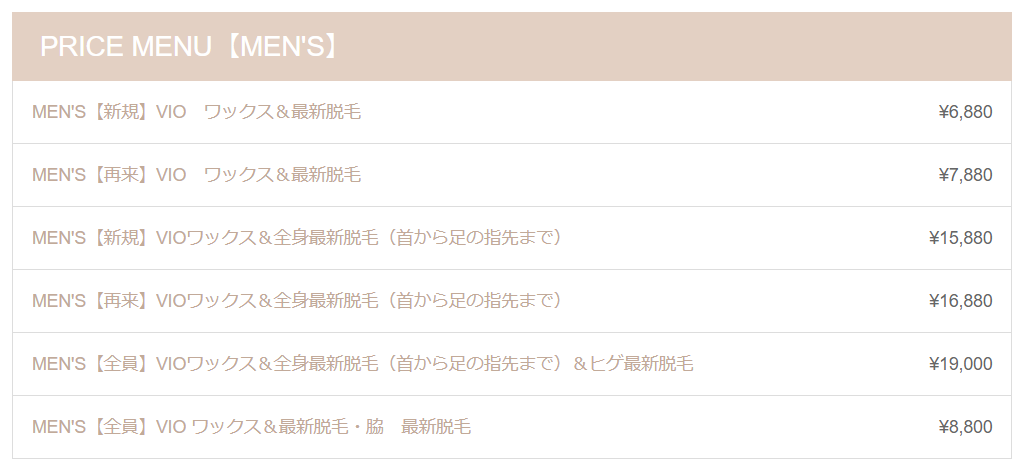 ラウラピエのメンズ脱毛の料金